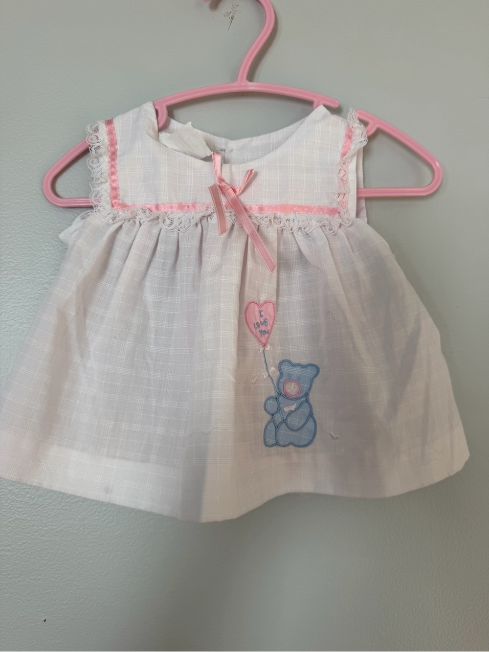 Vintage White Baby Dress with Pink Trim and Blue Bear Embroidery